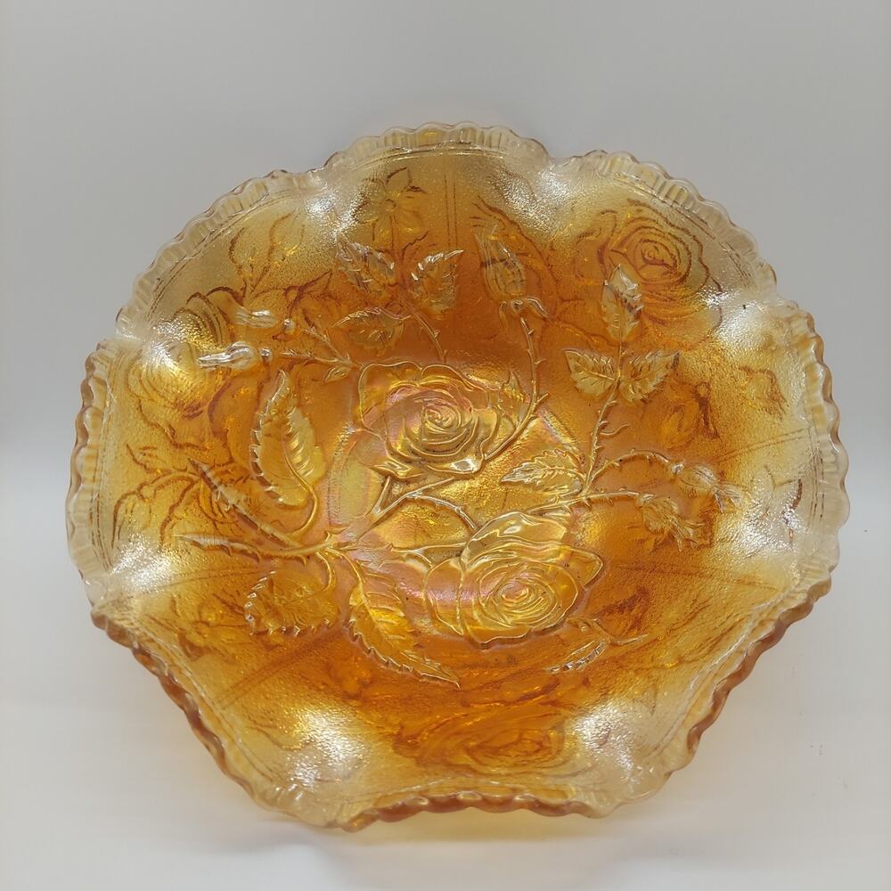 Imperial Glass Open Rose Carnival Glass Bowl Marigold Iridescent Vintage Ruffled